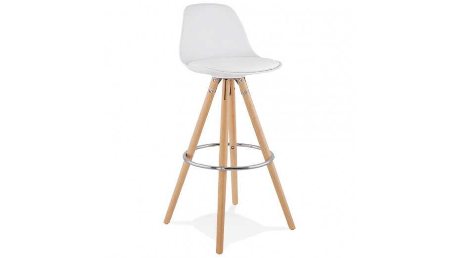 Tabouret de Bar design blanc pied bois naturel - VESTA