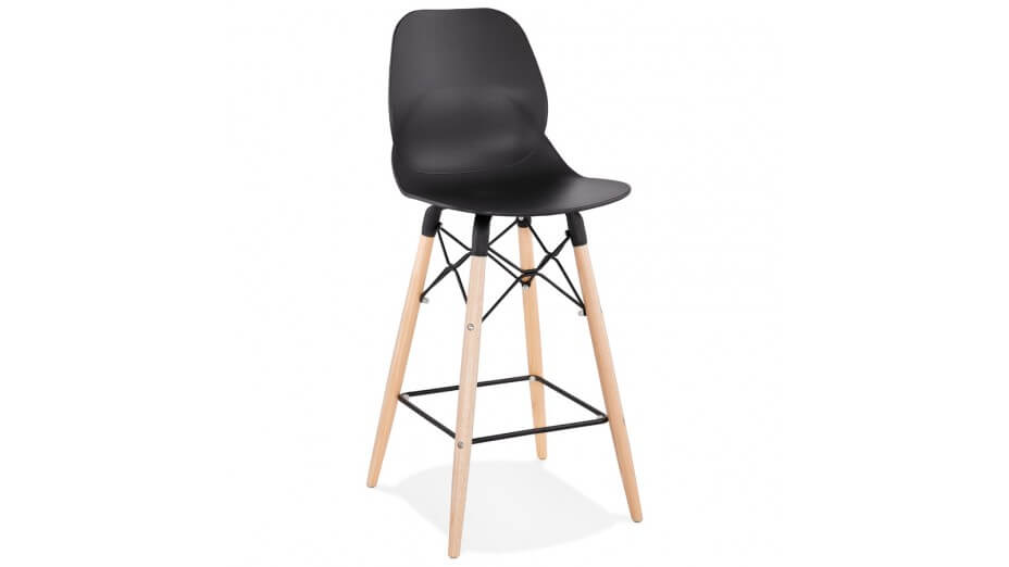 Tabouret snack Mi-hauteur design noir pied bois naturel - Cava