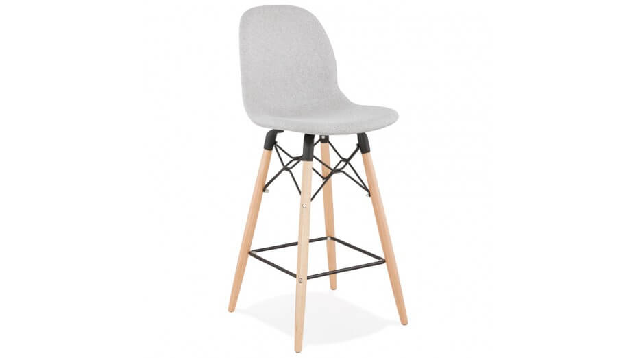 Tabouret snack Mi-hauteur tissu gris clair pied bois naturel - Louna