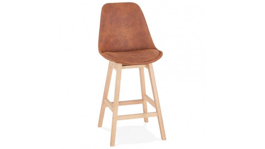 Tabouret snack Mi-hauteur microfibre brun pied bois naturel - Manon