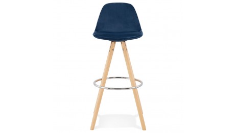 Tabouret de Bar design velours bleu pieds bois naturel - Gabin