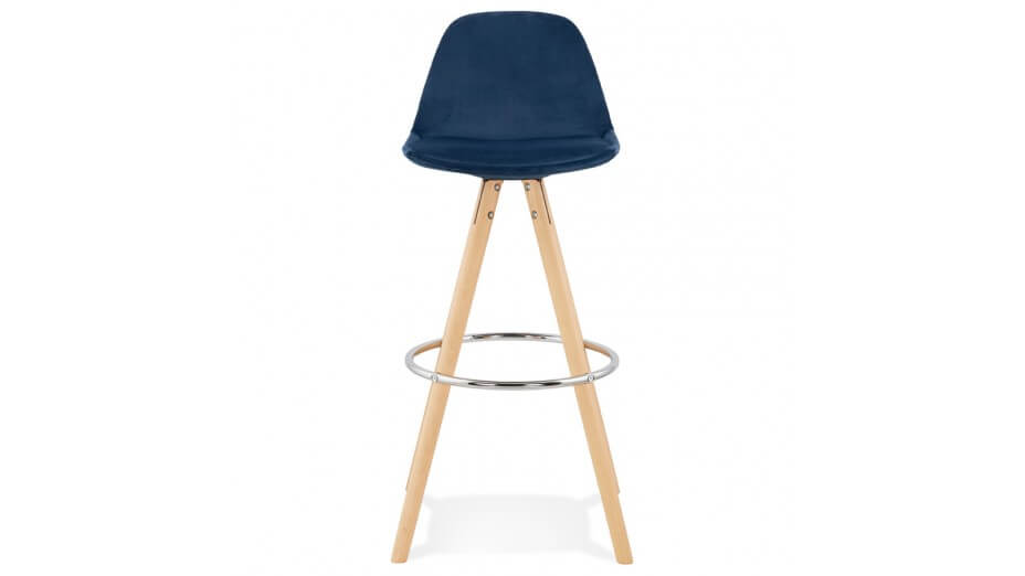 Tabouret de Bar design velours bleu pieds bois naturel - Gabin