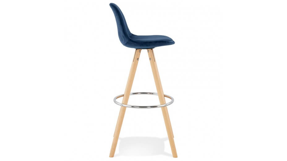 Tabouret de Bar design velours bleu pieds bois naturel - Gabin