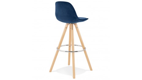 Tabouret de Bar design velours bleu pieds bois naturel - Gabin