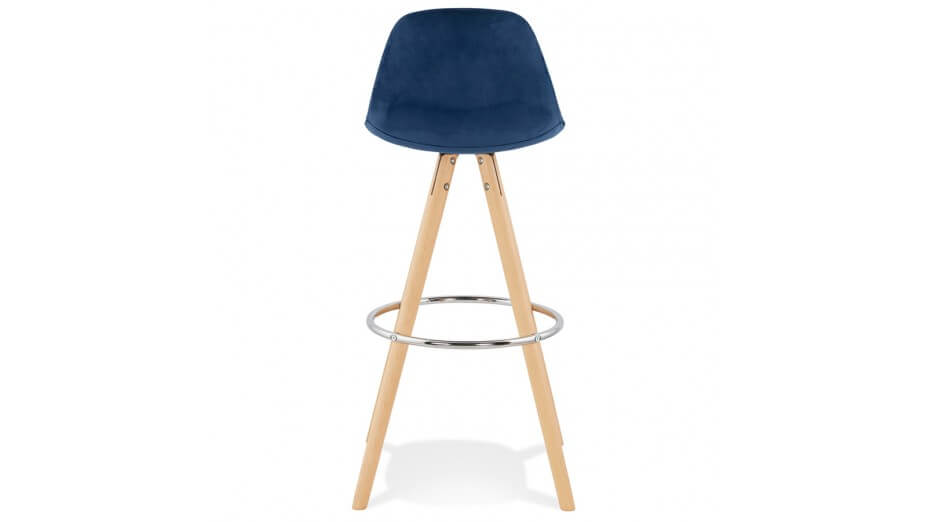 Tabouret de Bar design velours bleu pieds bois naturel - Gabin