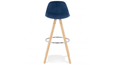 Tabouret de Bar design velours bleu pieds bois naturel - Gabin