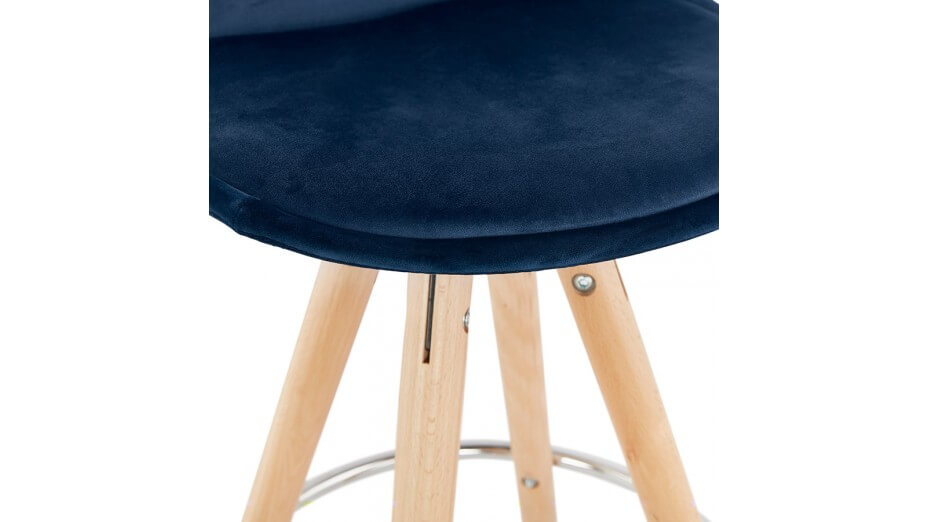 Tabouret de Bar design velours bleu pieds bois naturel - Gabin