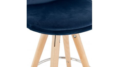 Tabouret de Bar design velours bleu pieds bois naturel - Gabin