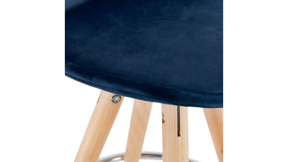 Tabouret de Bar design velours bleu pieds bois naturel - Gabin