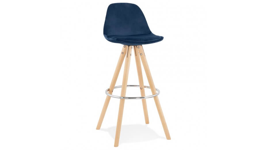 Tabouret de Bar design velours bleu pieds bois naturel - Gabin