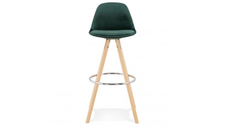 Tabouret de Bar design velours vert pieds bois naturel - Gabin