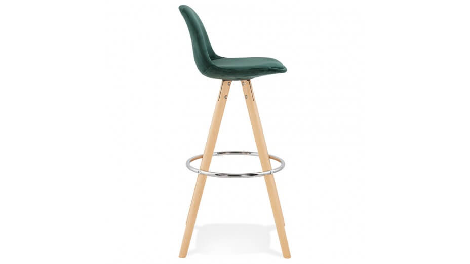 Tabouret de Bar design velours vert pieds bois naturel - Gabin