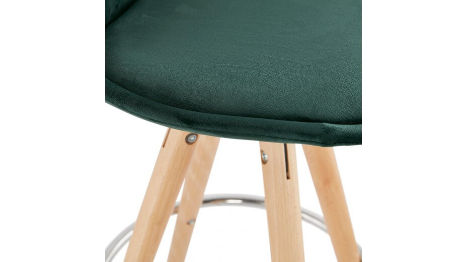 Tabouret de Bar design velours vert pieds bois naturel - Gabin