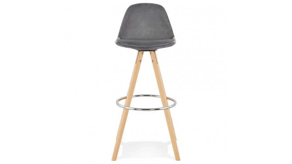 Tabouret de Bar design velours gris pieds bois naturel - Gabin