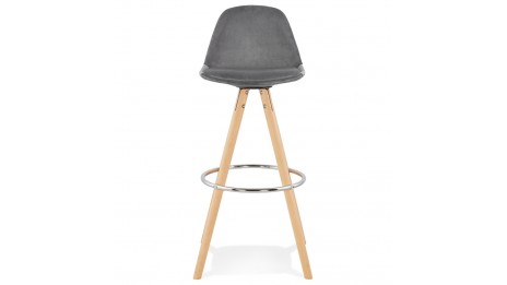 Tabouret de Bar design velours gris pieds bois naturel - Gabin