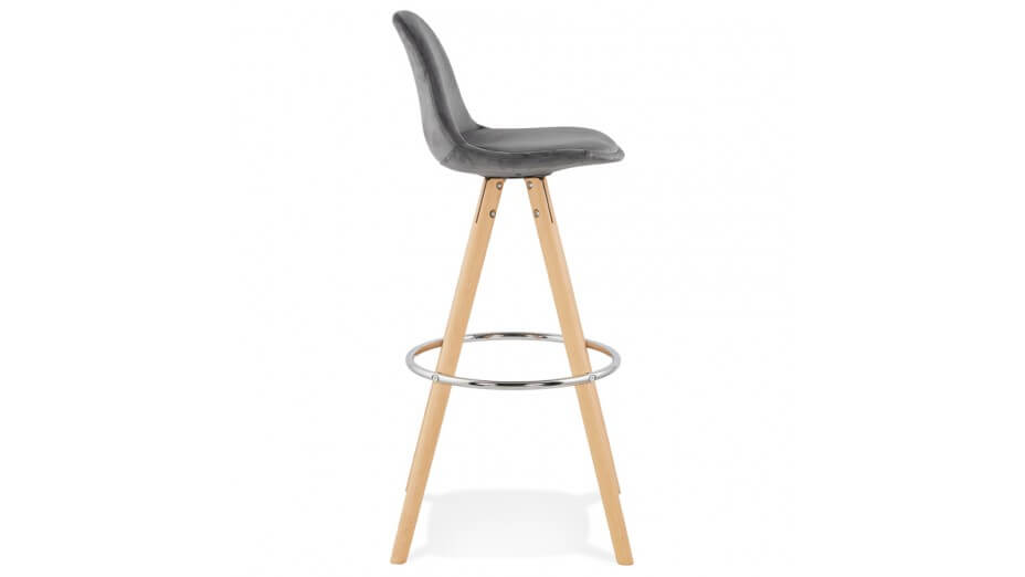 Tabouret de Bar design velours gris pieds bois naturel - Gabin