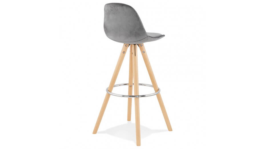 Tabouret de Bar design velours gris pieds bois naturel - Gabin