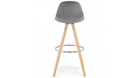 Tabouret de Bar design velours gris pieds bois naturel - Gabin