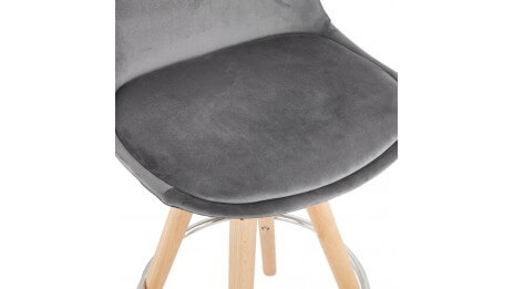 Tabouret de Bar design velours gris pieds bois naturel - Gabin