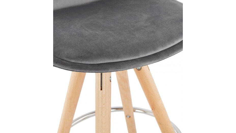 Tabouret de Bar design velours gris pieds bois naturel - Gabin