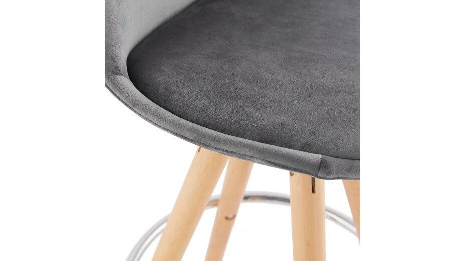 Tabouret de Bar design velours gris pieds bois naturel - Gabin