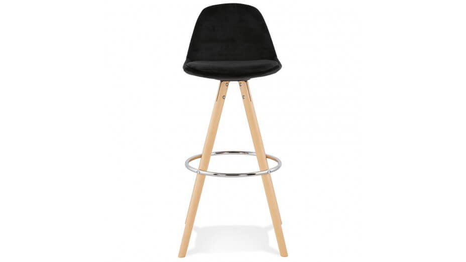 Tabouret de Bar design velours noir pieds bois naturel - Gabin