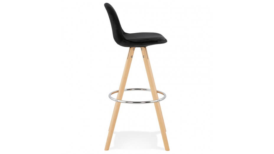 Tabouret de Bar design velours noir pieds bois naturel - Gabin