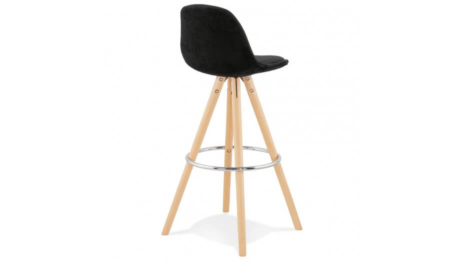 Tabouret de Bar design velours noir pieds bois naturel - Gabin