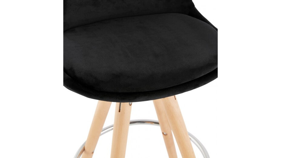 Tabouret de Bar design velours noir pieds bois naturel - Gabin