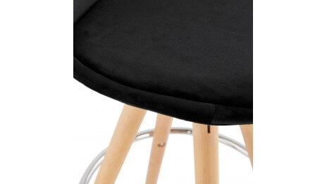 Tabouret de Bar design velours noir pieds bois naturel - Gabin