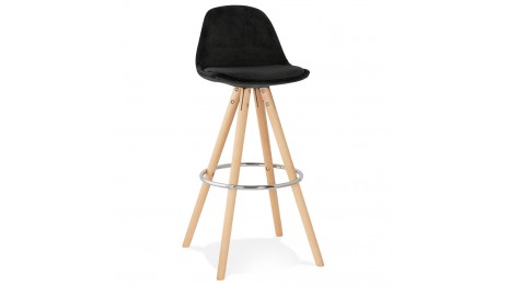 Tabouret de Bar design velours noir pieds bois naturel - Gabin