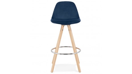 Tabouret snack Mi-hauteur velours bleu pieds bois naturel - Gabin