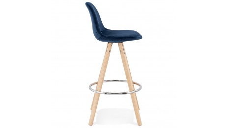 Tabouret snack Mi-hauteur velours bleu pieds bois naturel - Gabin