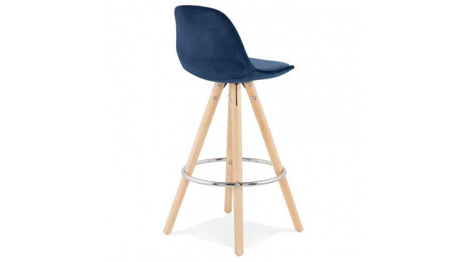 Tabouret snack Mi-hauteur velours bleu pieds bois naturel - Gabin