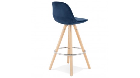 Tabouret snack Mi-hauteur velours bleu pieds bois naturel - Gabin