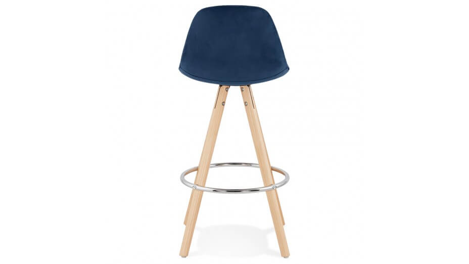 Tabouret snack Mi-hauteur velours bleu pieds bois naturel - Gabin