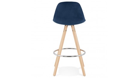 Tabouret snack Mi-hauteur velours bleu pieds bois naturel - Gabin