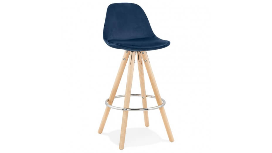 Tabouret snack Mi-hauteur velours bleu pieds bois naturel - Gabin