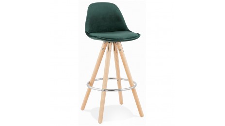 Tabouret snack Mi-hauteur velours vert pieds bois naturel - Gabin