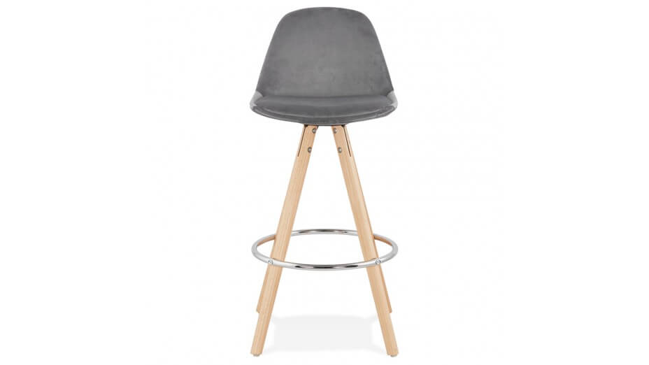 Tabouret snack Mi-hauteur velours gris pieds bois naturel - Gabin