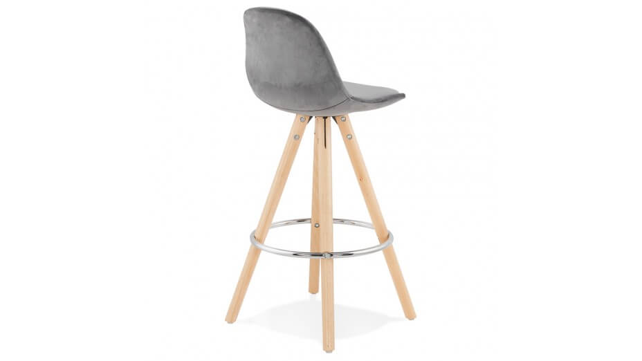 Tabouret snack Mi-hauteur velours gris pieds bois naturel - Gabin