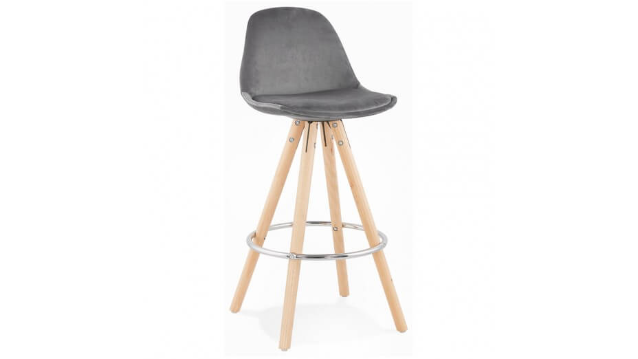 Tabouret snack Mi-hauteur velours gris pieds bois naturel - Gabin