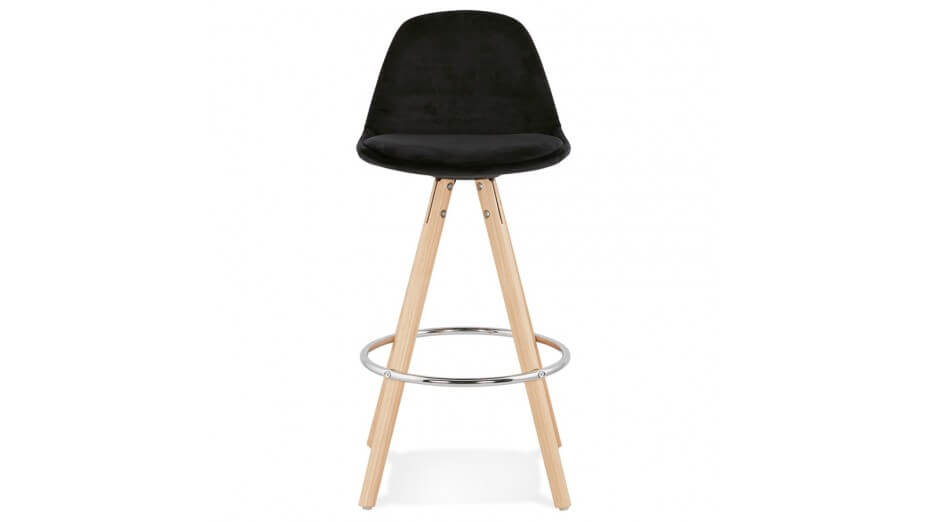 Tabouret snack Mi-hauteur velours noir pieds bois naturel - Gabin