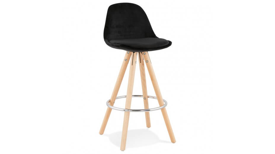 Tabouret snack Mi-hauteur velours noir pieds bois naturel - Gabin