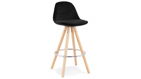 Tabouret snack Mi-hauteur velours noir pieds bois naturel - Gabin