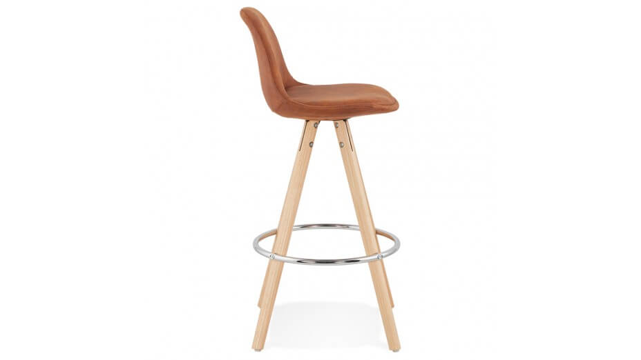 Tabouret snack Mi-hauteur microfibre brun pieds bois naturel - Emil