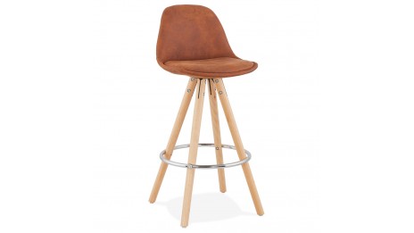 Tabouret snack Mi-hauteur microfibre brun pieds bois naturel - Emil