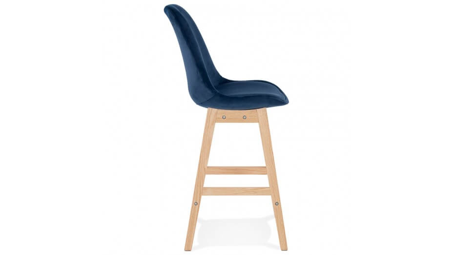 Tabouret snack Mi-hauteur velours bleu pied bois naturel - Manon