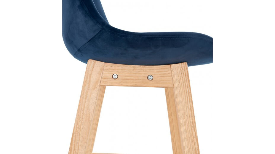 Tabouret snack Mi-hauteur velours bleu pied bois naturel - Manon