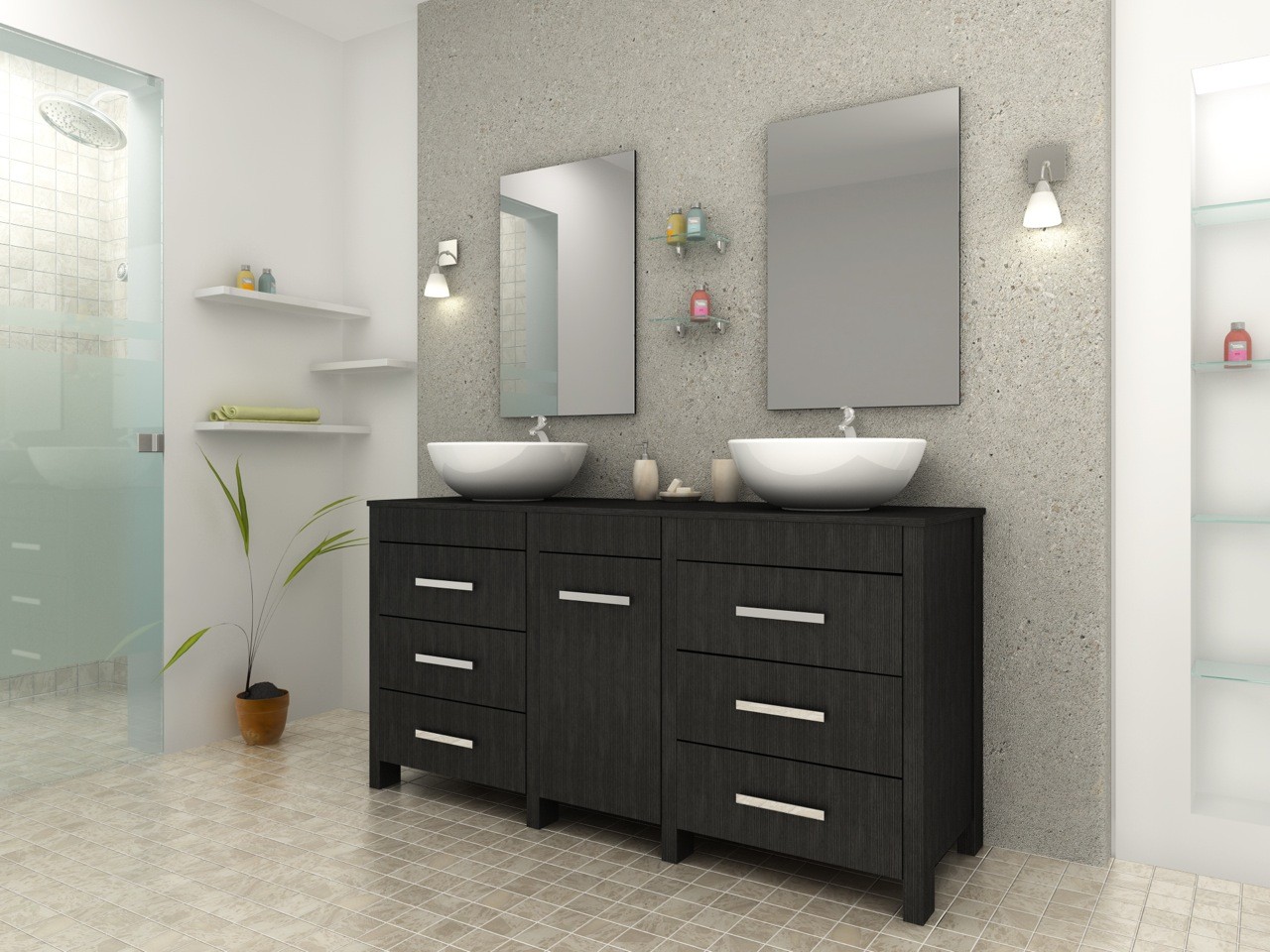 Ensemble complet meuble de salle de bain noir + vasques doubles